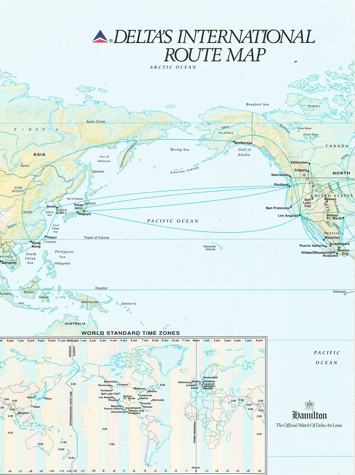 Delta Air Lines Winter 1991 International Route Map